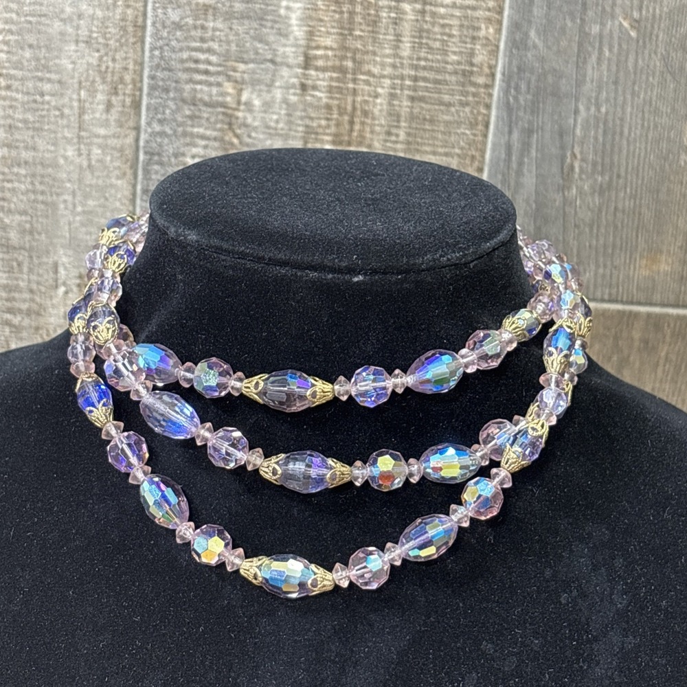 Vintage Chunky Choker Multi Strand Lavender Peacock AB Glass Crystal Necklace